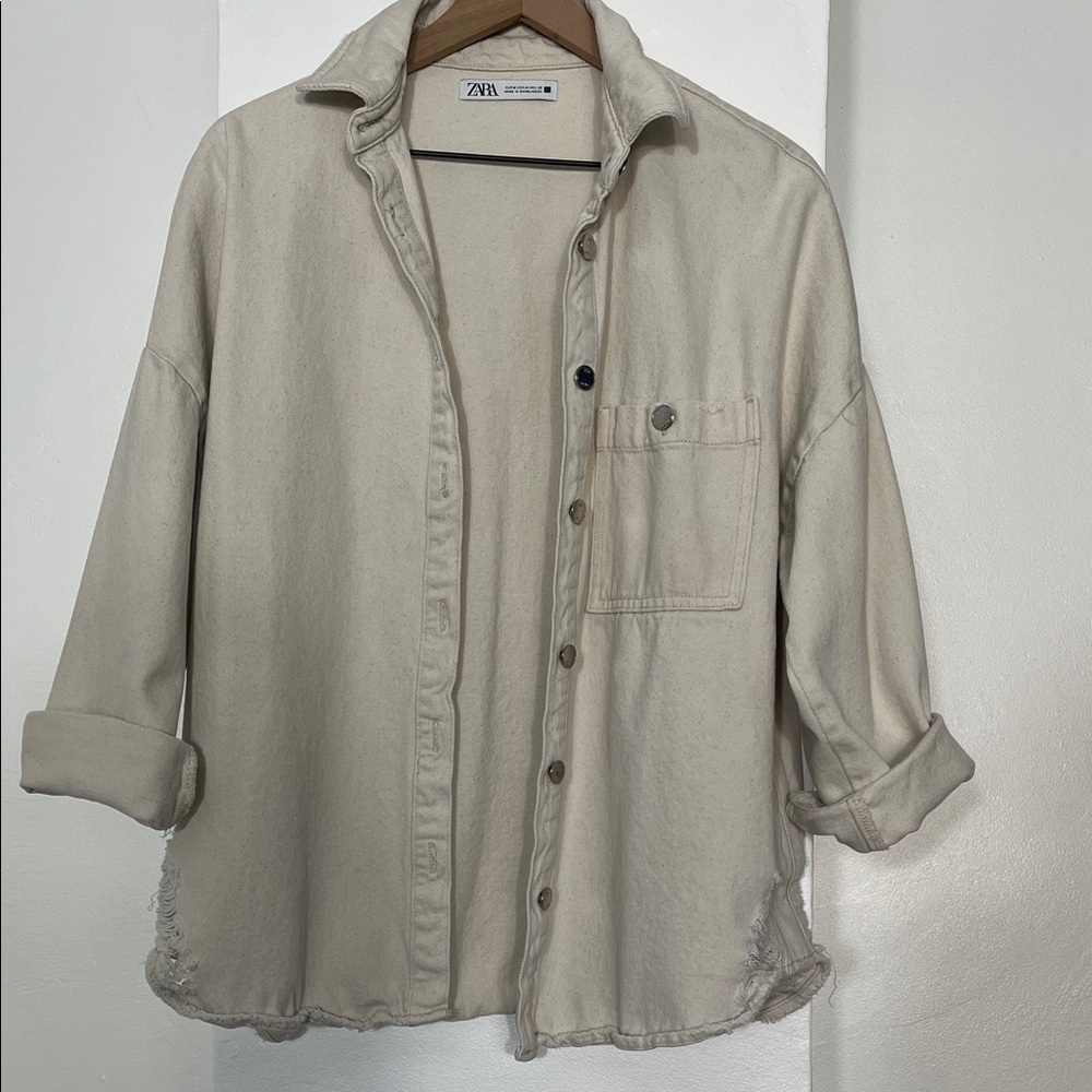 Zara Denim Cream Button-Up Distressed Jacket - Picture 11 of 11